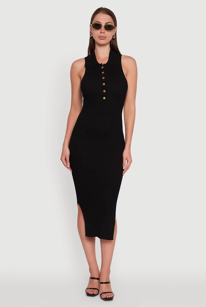 Womens Ribbed Knit Sleeveless Midi Dress with Collar and Side Slit, S