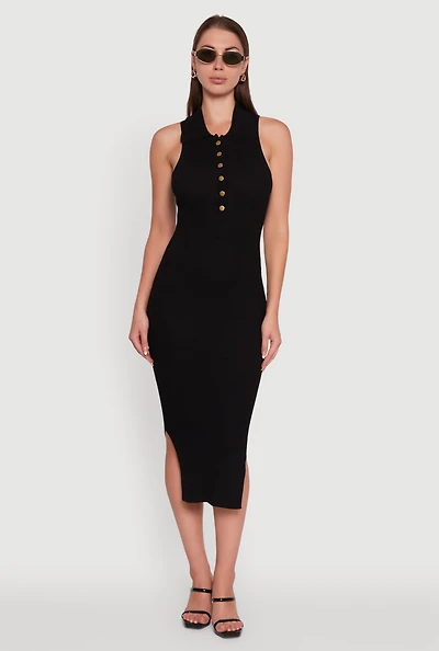 Womens Ribbed Knit Sleeveless Midi Dress with Collar and Side Slit,