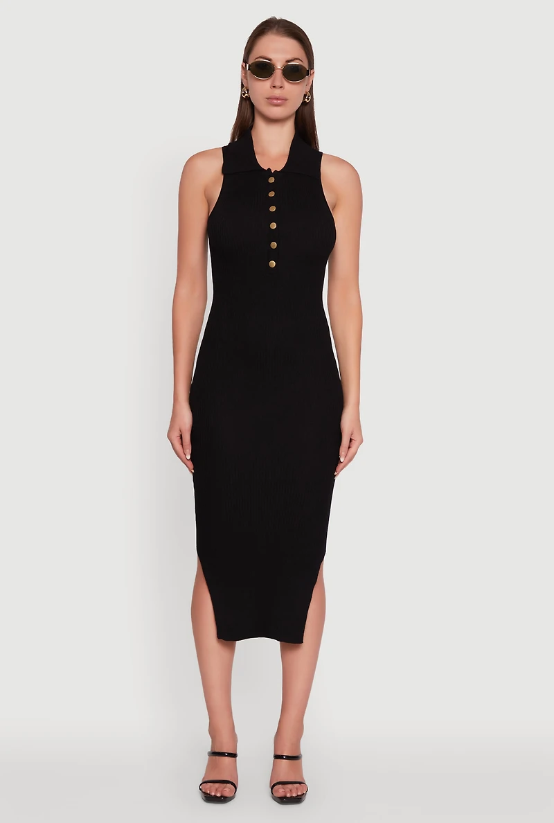 Ribbed Knit Sleeveless Midi Dress with Collar and Side Slit