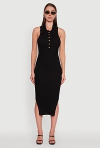 Ribbed Knit Sleeveless Midi Dress with Collar and Side Slit