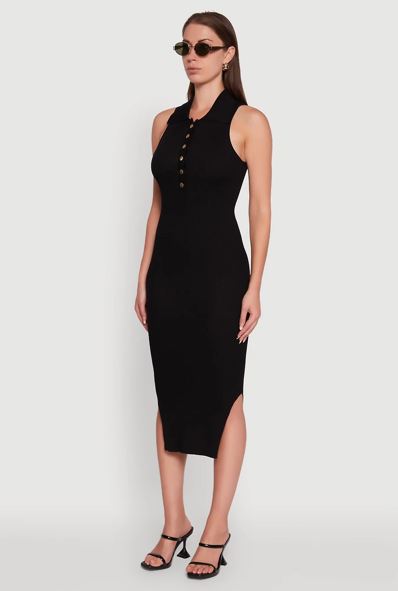 Womens Ribbed Knit Sleeveless Midi Dress with Collar and Side Slit, S
