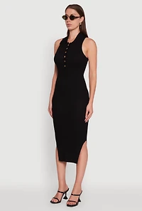 Ribbed Knit Sleeveless Midi Dress with Collar and Side Slit