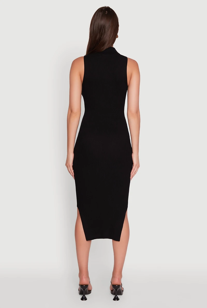 Womens Ribbed Knit Sleeveless Midi Dress with Collar and Side Slit, XL