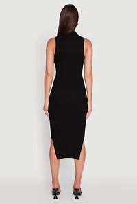 Ribbed Knit Sleeveless Midi Dress with Collar and Side Slit