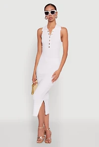 Womens Ribbed Knit Sleeveless Midi Dress with Collar and Side Slit, White,