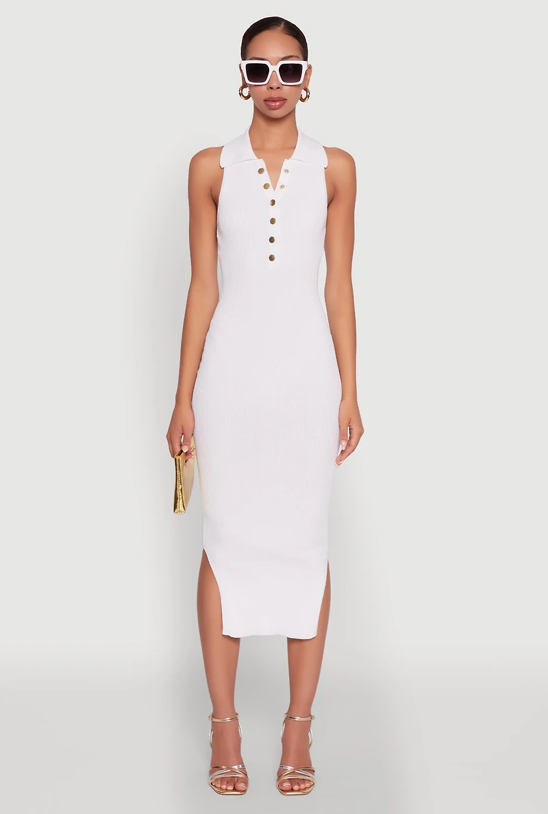 Womens Ribbed Knit Sleeveless Midi Dress with Collar and Side Slit, White, Size L