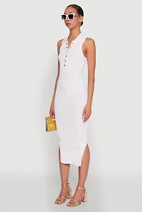 Womens Ribbed Knit Sleeveless Midi Dress with Collar and Side Slit, White,