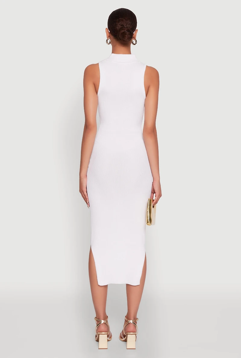 Womens Ribbed Knit Sleeveless Midi Dress with Collar and Side Slit, White, Size L