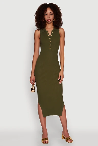 Womens Ribbed Knit Sleeveless Midi Dress with Collar and Side Slit, Green, Size XL