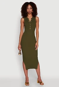 Womens Ribbed Knit Sleeveless Midi Dress with Collar and Side Slit, Green, Size XL