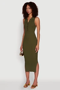 Womens Ribbed Knit Sleeveless Midi Dress with Collar and Side Slit, Green, Size XL