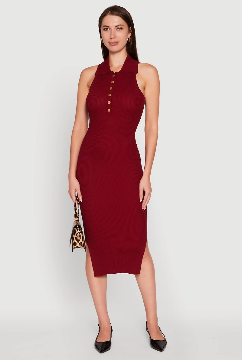 Womens Ribbed Knit Sleeveless Midi Dress with Collar and Side Slit, Burgundy, Size L