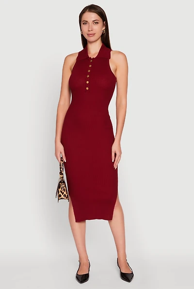 Ribbed Knit Sleeveless Midi Dress with Collar and Side Slit