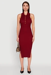Womens Ribbed Knit Sleeveless Midi Dress with Collar and Side Slit, XL