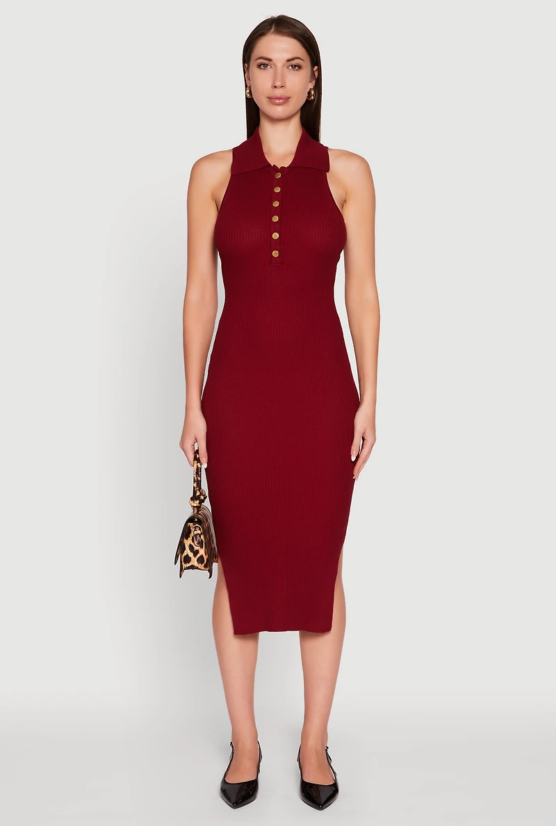 Womens Ribbed Knit Sleeveless Midi Dress with Collar and Side Slit, Burgundy, Size L