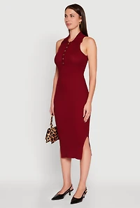 Womens Ribbed Knit Sleeveless Midi Dress with Collar and Side Slit, Burgundy, Size L