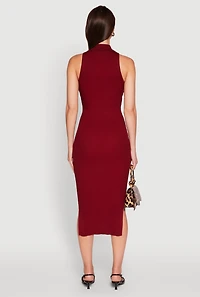 Womens Ribbed Knit Sleeveless Midi Dress with Collar and Side Slit, Burgundy, Size L