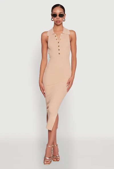 Womens Ribbed Knit Sleeveless Midi Dress with Collar and Side Slit,