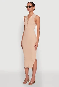 Womens Ribbed Knit Sleeveless Midi Dress with Collar and Side Slit,