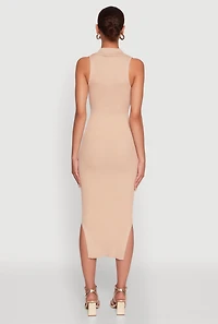 Womens Ribbed Knit Sleeveless Midi Dress with Collar and Side Slit,