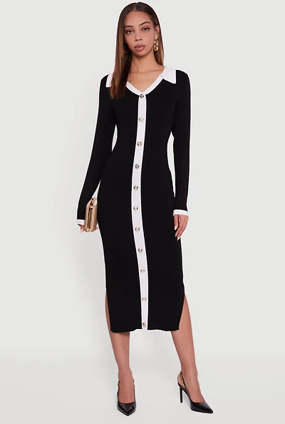 Womens Contrast Trim Side Slit Long Sleeve Polo Sweater Dress,