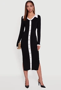 Womens Contrast Trim Side Slit Long Sleeve Polo Sweater Dress, Black,