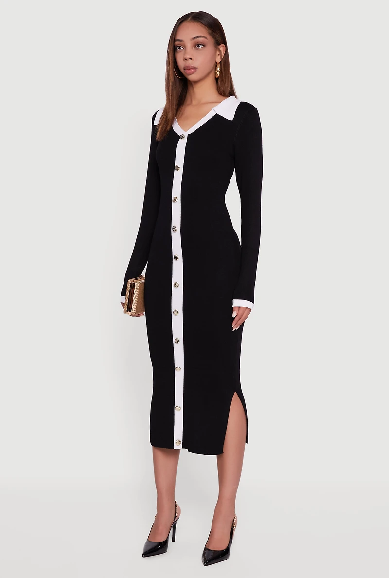 Womens Contrast Trim Side Slit Long Sleeve Polo Sweater Dress, Black,