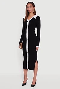 Womens Contrast Trim Side Slit Long Sleeve Polo Sweater Dress, Black,
