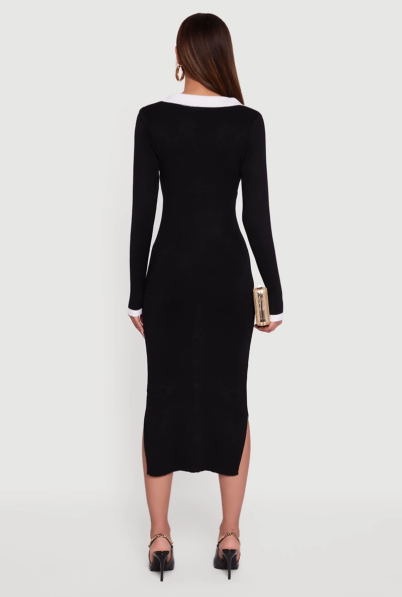 Womens Contrast Trim Side Slit Long Sleeve Polo Sweater Dress, Black,