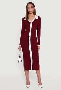 Contrast Trim Side Slit Long Sleeve Polo Sweater Dress