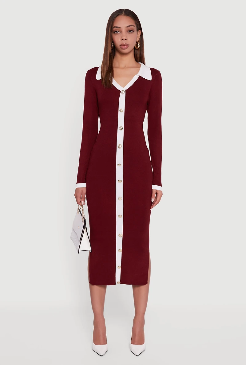 Contrast Trim Side Slit Long Sleeve Polo Sweater Dress