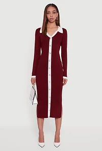 Contrast Trim Side Slit Long Sleeve Polo Sweater Dress