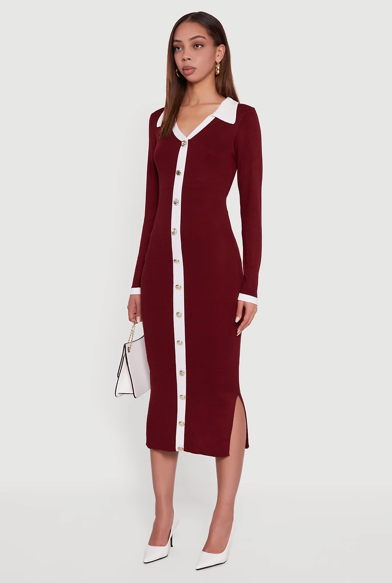 Womens Contrast Trim Side Slit Long Sleeve Polo Sweater Dress, Burgundy, Size XL