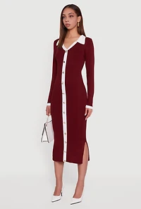 Contrast Trim Side Slit Long Sleeve Polo Sweater Dress