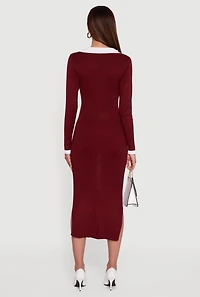 Womens Contrast Trim Side Slit Long Sleeve Polo Sweater Dress, Burgundy, Size XL