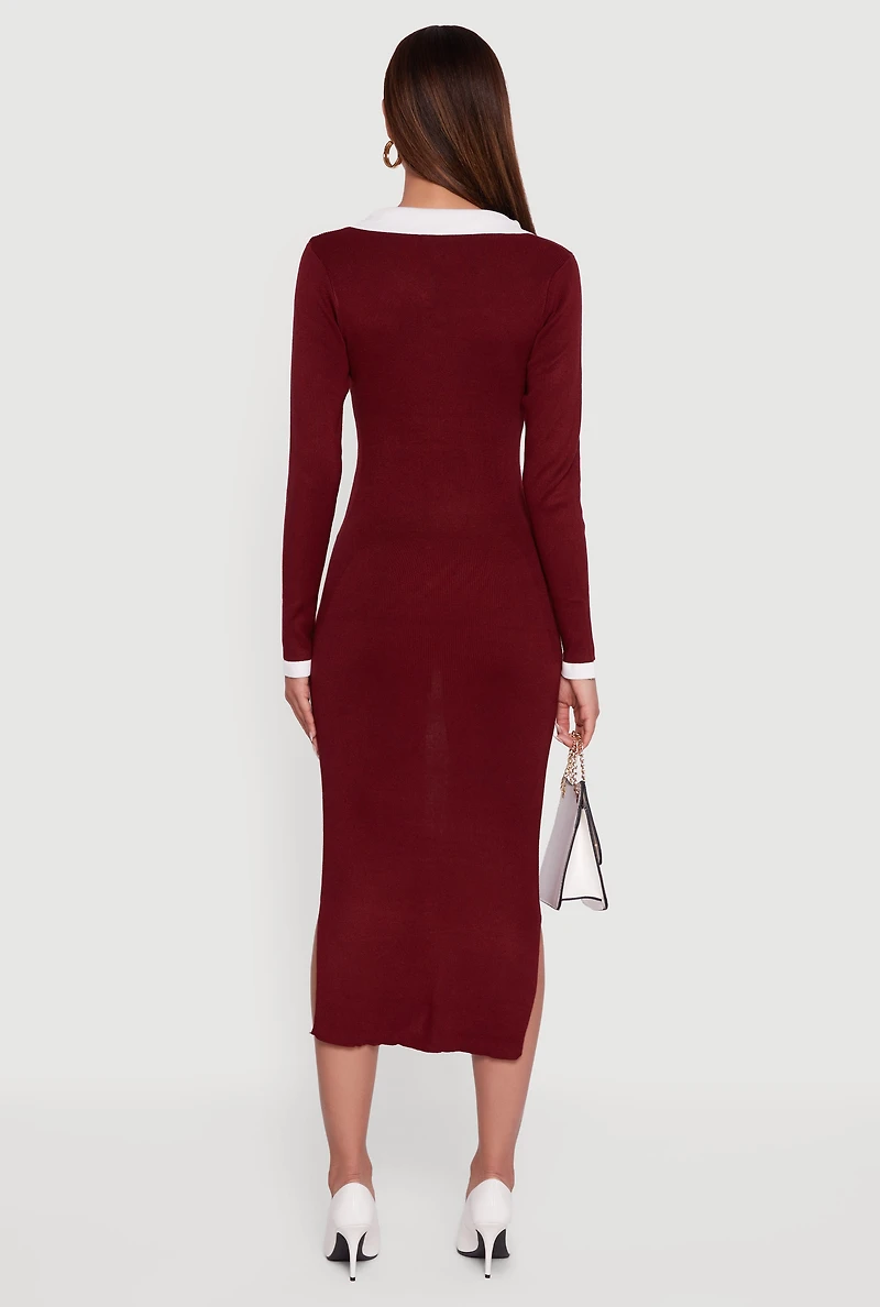 Contrast Trim Side Slit Long Sleeve Polo Sweater Dress