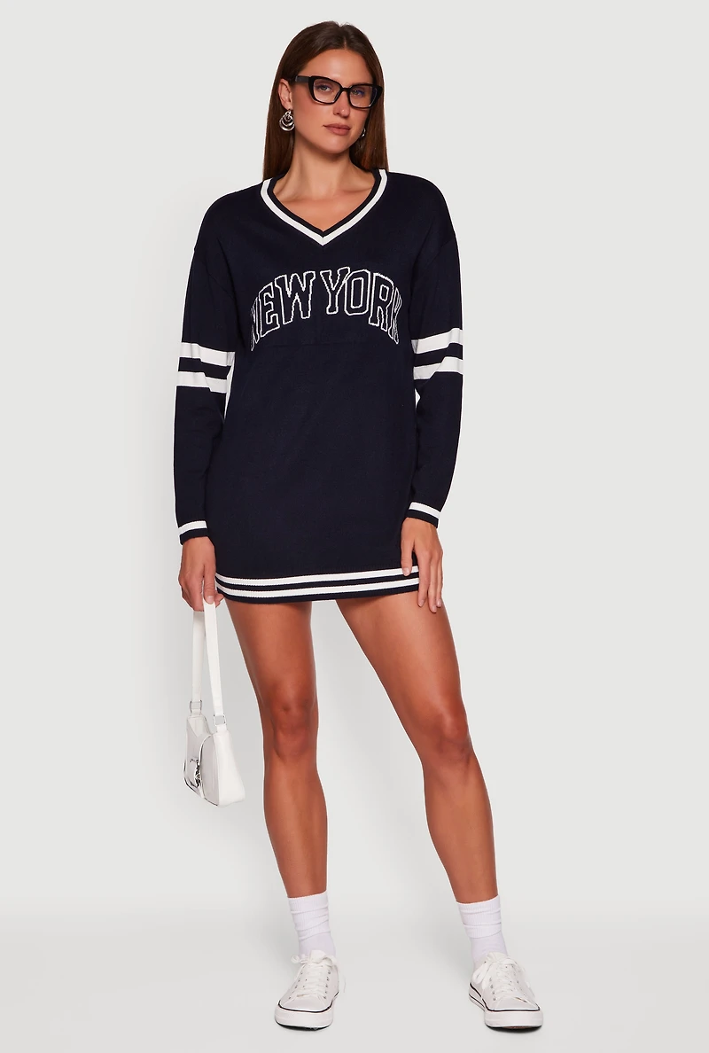 Womens Sweater Dress with New York Graphic, Blue, Size L