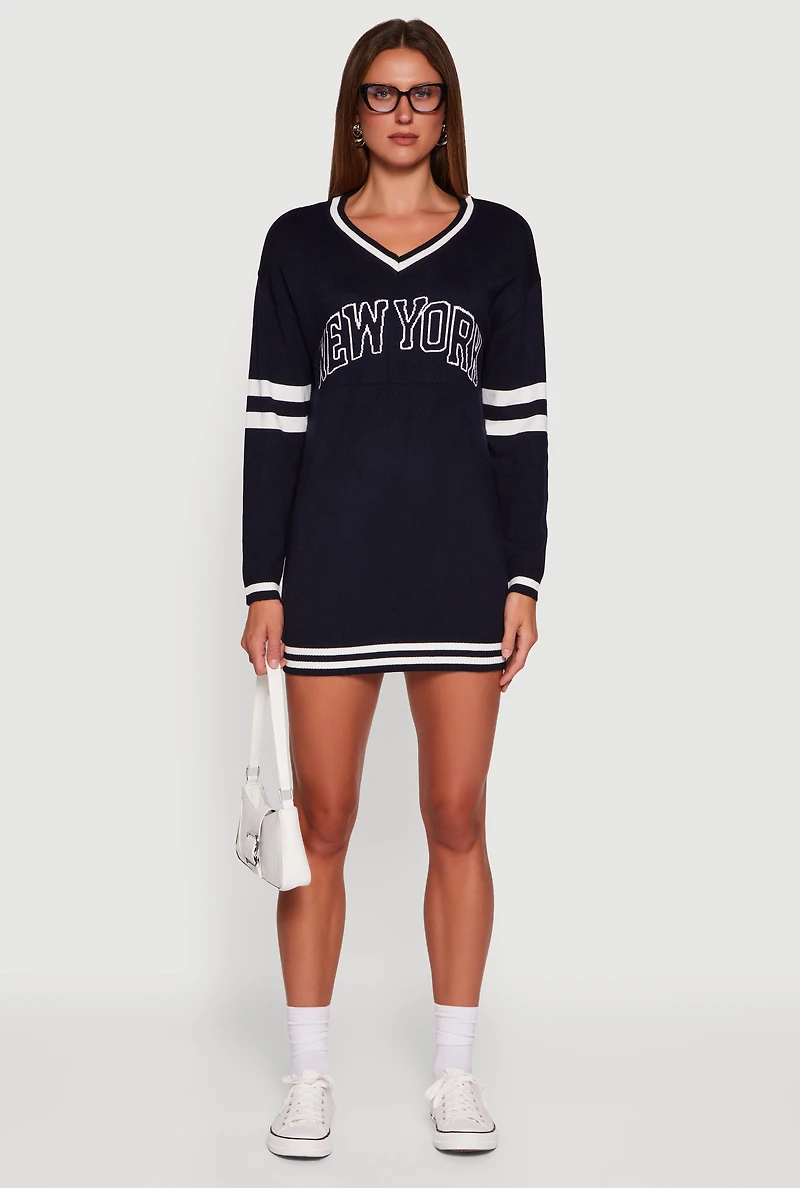 Womens Sweater Dress with New York Graphic, Blue, Size L