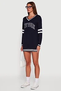 Womens Sweater Dress with New York Graphic, Blue, Size L