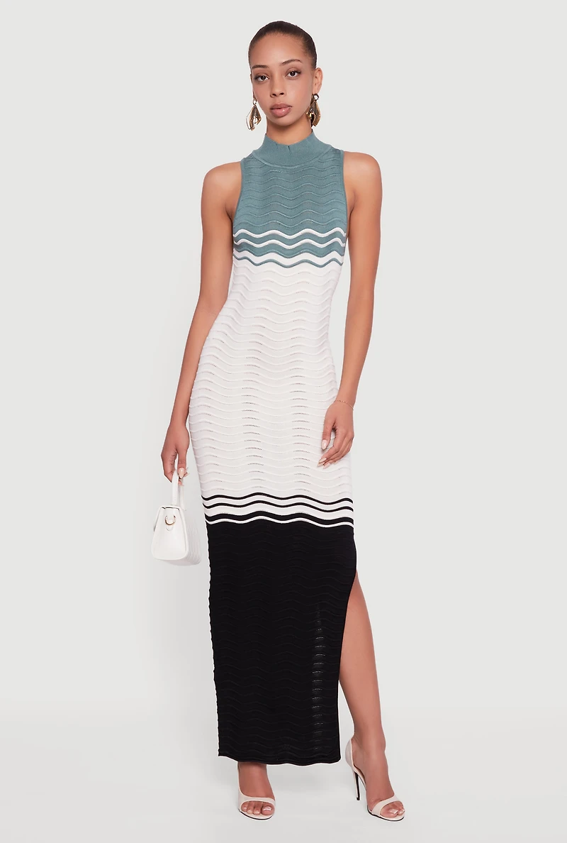 Color Blocked Wavy Stripe Side Slit Maxi Dress