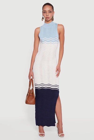 Womens Color Blocked Wavy Stripe Side Slit Maxi Dress,
