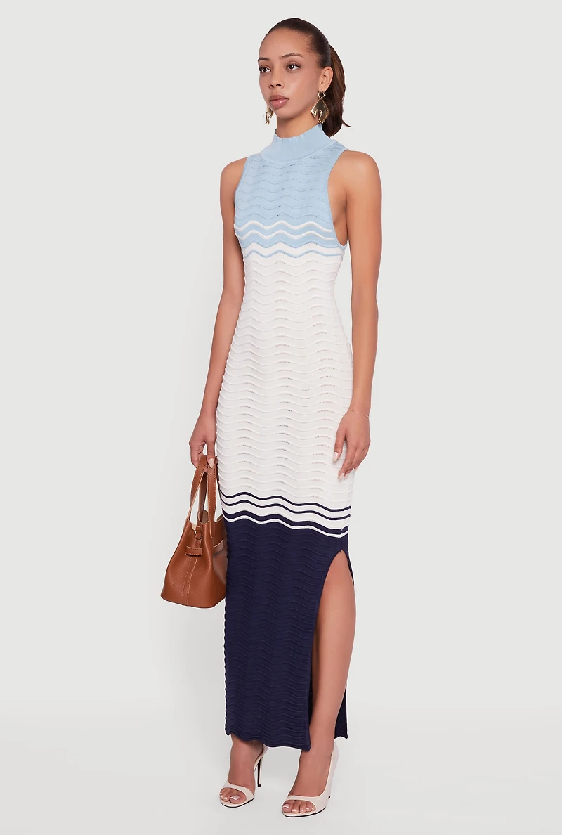 Color Blocked Wavy Stripe Side Slit Maxi Dress