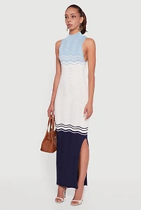 Color Blocked Wavy Stripe Side Slit Maxi Dress
