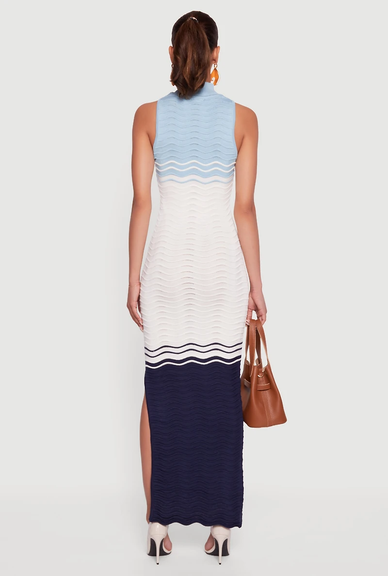 Color Blocked Wavy Stripe Side Slit Maxi Dress