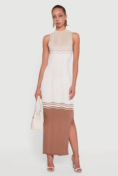 Womens Color Blocked Wavy Stripe Side Slit Maxi Dress, Beige,