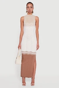 Womens Color Blocked Wavy Stripe Side Slit Maxi Dress, Beige,