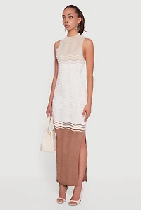 Womens Color Blocked Wavy Stripe Side Slit Maxi Dress, Beige,