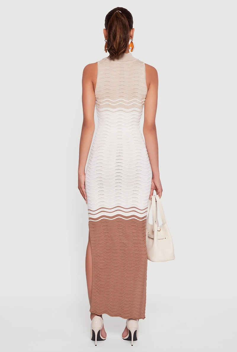 Womens Color Blocked Wavy Stripe Side Slit Maxi Dress, Beige,