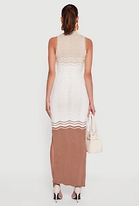 Womens Color Blocked Wavy Stripe Side Slit Maxi Dress, Beige,