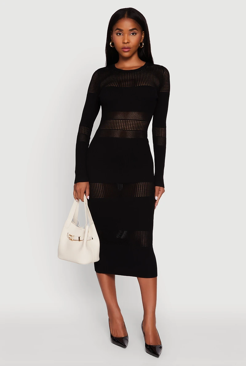 Crochet Detail Long Sleeve Bodycon Sweater Dress